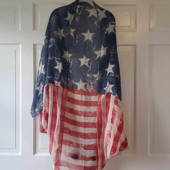 AMERICAN FLAG PATRIOTIC KIMONO WRAP COVERUP SHEER JACKET ONE SIZE SCARF - Picture 1 of 6